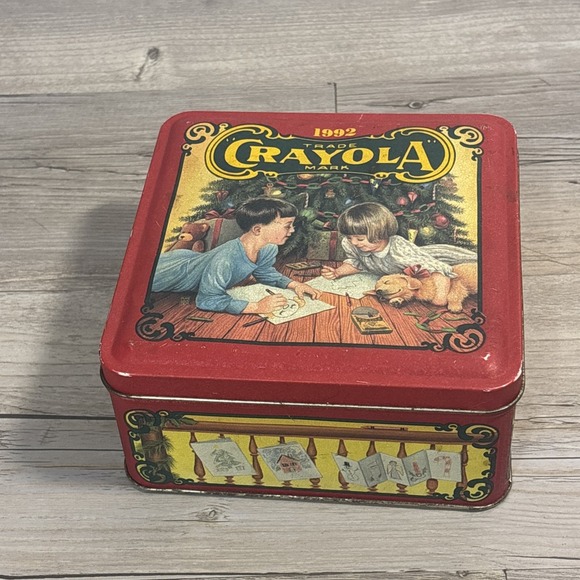 Vintage Crayola Crayon Christmas Tin  Holiday Trinket  Collectible Storage Box - Picture 3 of 7